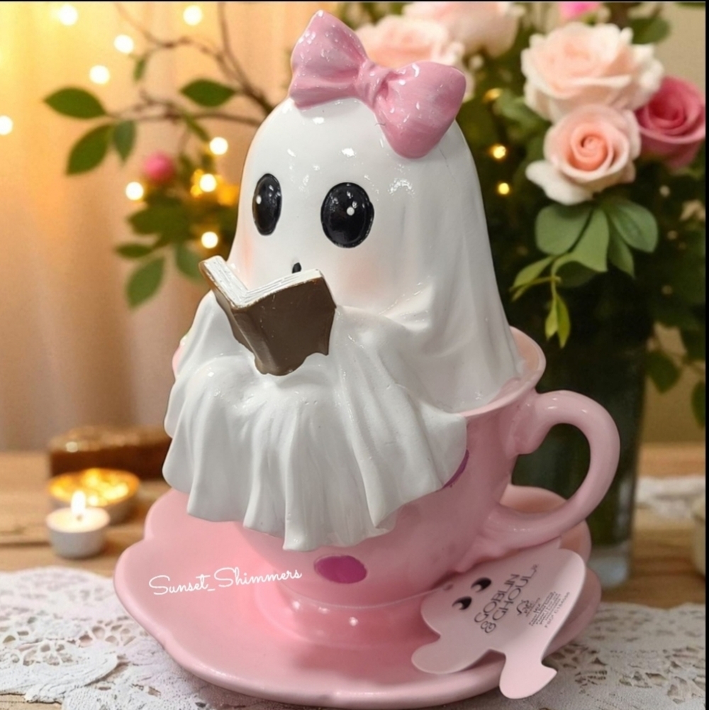 Halloween Ghost Girl In Teacup Reading Book Pink Coquette Bow Polka Dot Flowers - Picture 3 of 6